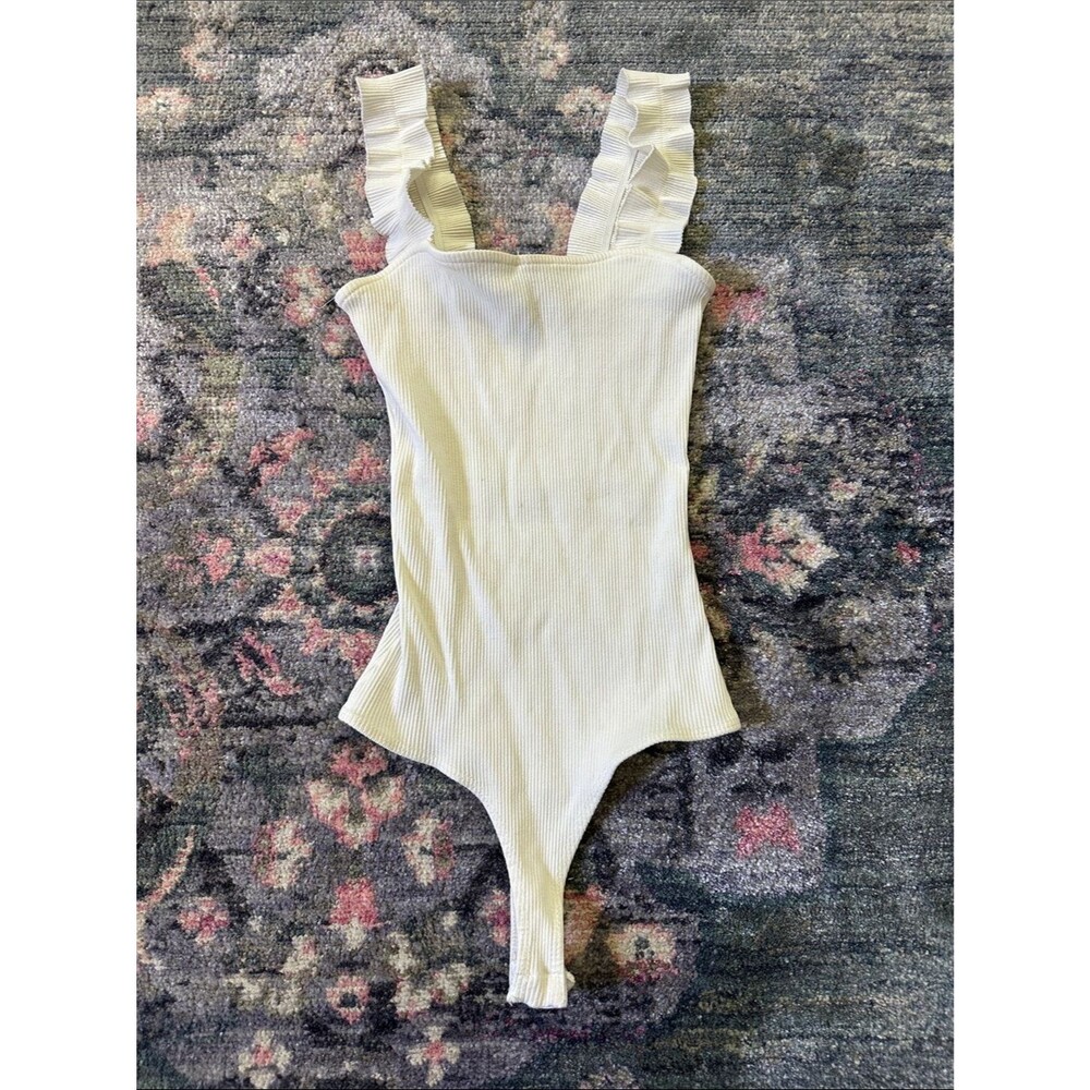 Jolie Cream Ribbed Thong Bodysuit with Ruffle Straps - Like New Size Small